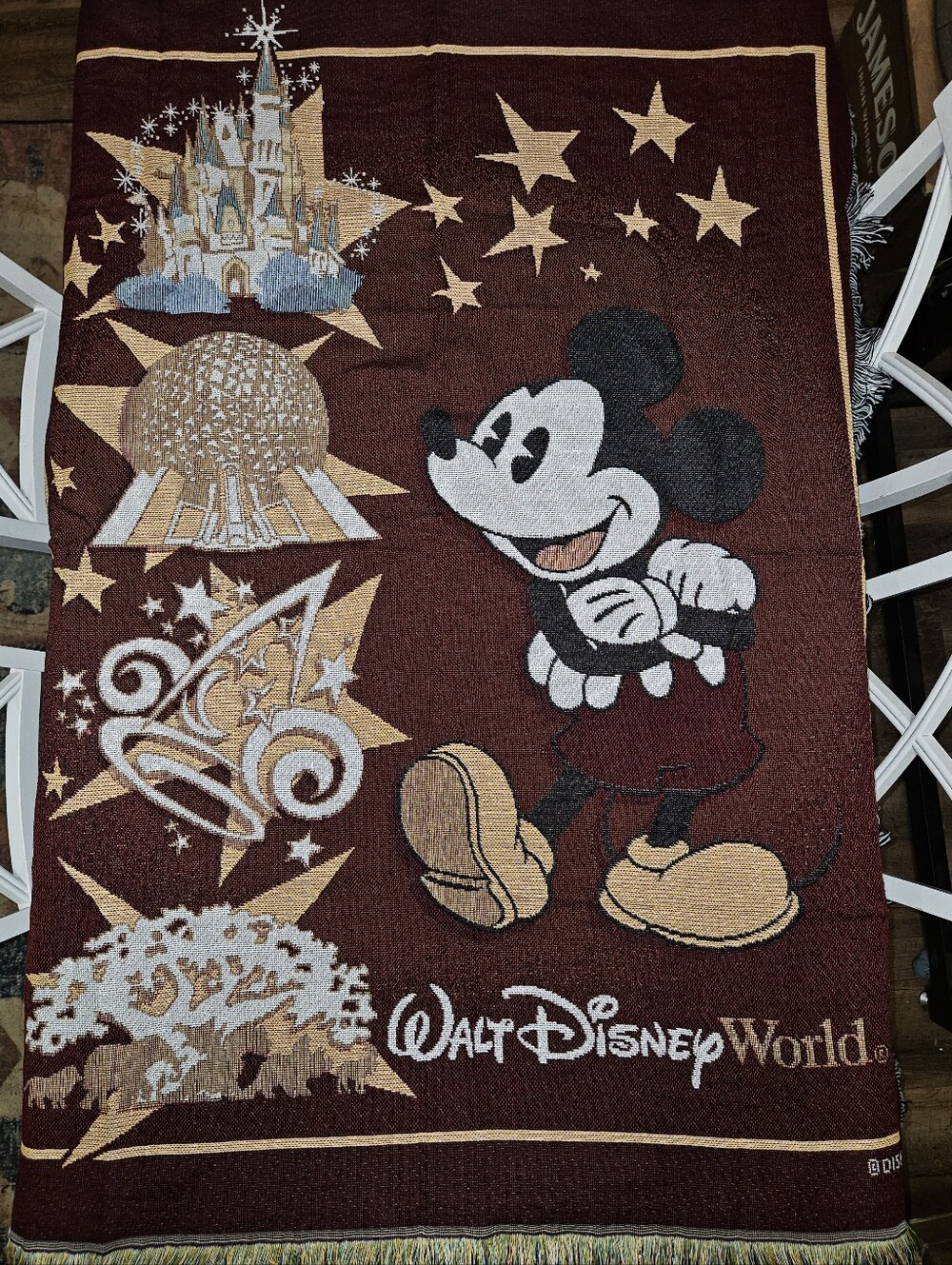 Vintage Walt Disney World 4 Kingdoms Mickey Mouse Tapestry Throw  Burgundy 50x60